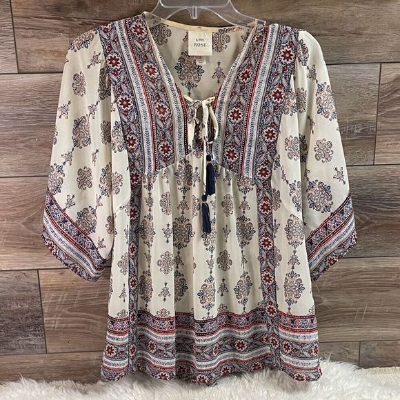 KNOX ROSE Women's Large Floral Boho Chic Peasant V Tie Neck Tassels Sheer Size S - Picture 2 of 8